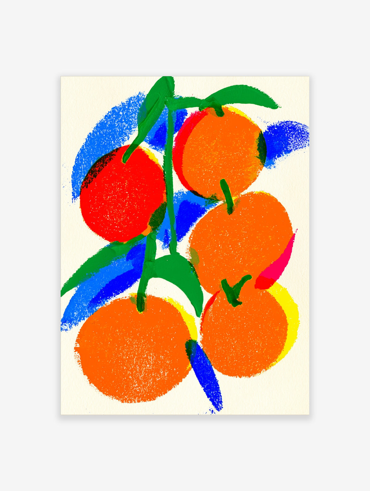 Colourful orange fruit poster with green leaves and blue brush marks on cream background