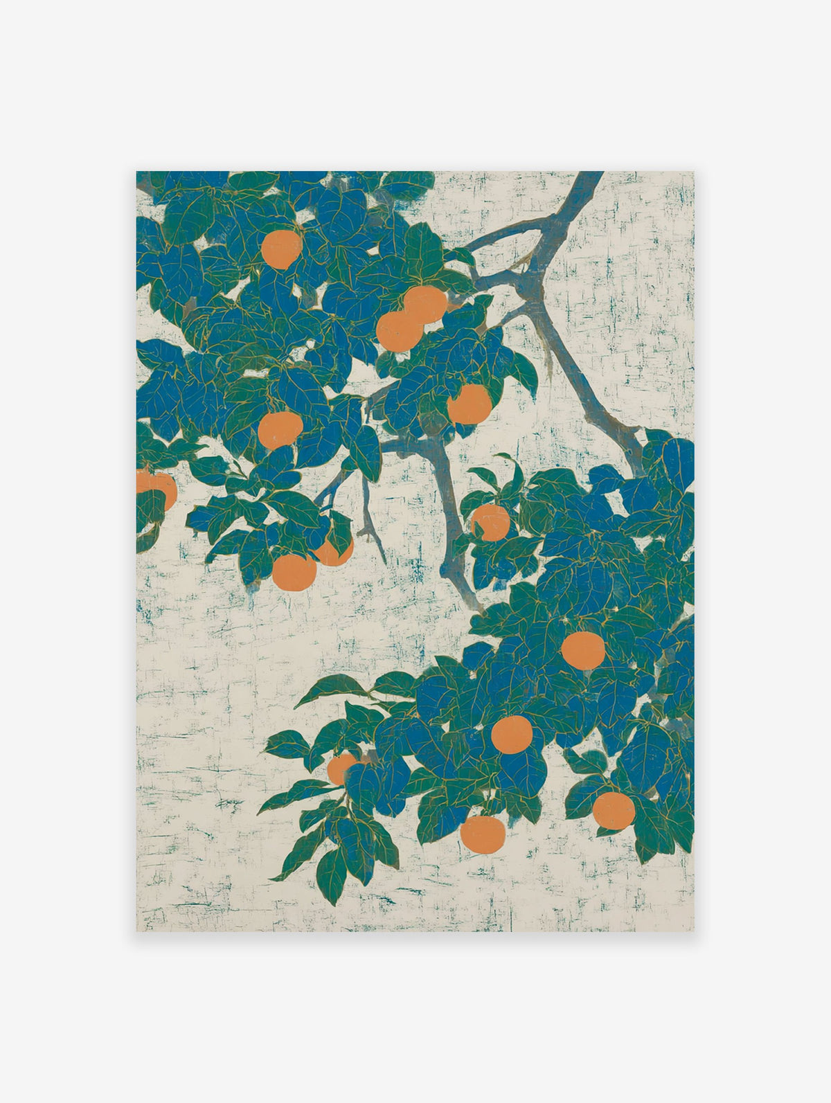 Orange Fruit Tree Poster with vibrant teal leaves and ripe orange fruits on a textured light background, in a Japanese botanical style.