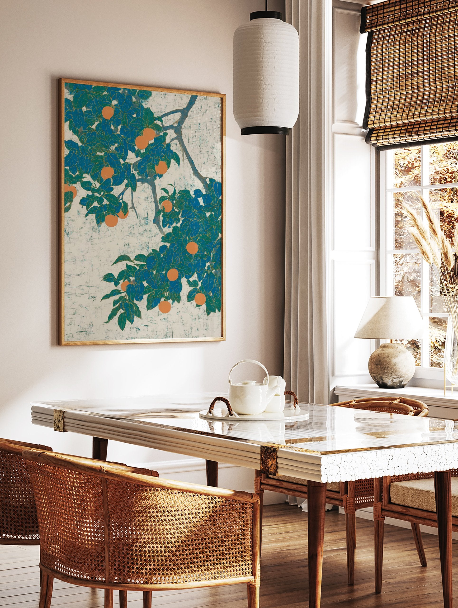 Orange Fruit Tree Poster with vibrant teal leaves and ripe orange fruits on a textured light background, in a Japanese botanical style. - Image 2
