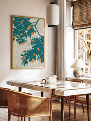 Orange Fruit Tree Poster with vibrant teal leaves and ripe orange fruits on a textured light background, in a Japanese botanical style. - Image 2