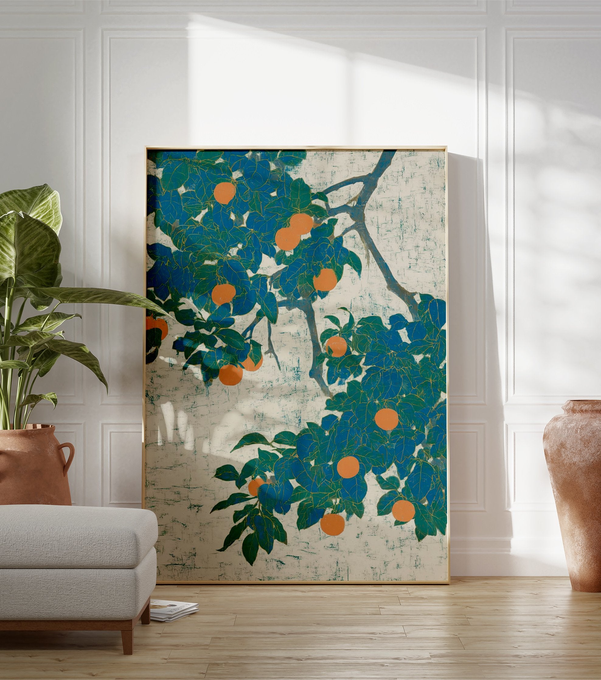 Orange Fruit Tree Poster with vibrant teal leaves and ripe orange fruits on a textured light background, in a Japanese botanical style. - Image 3