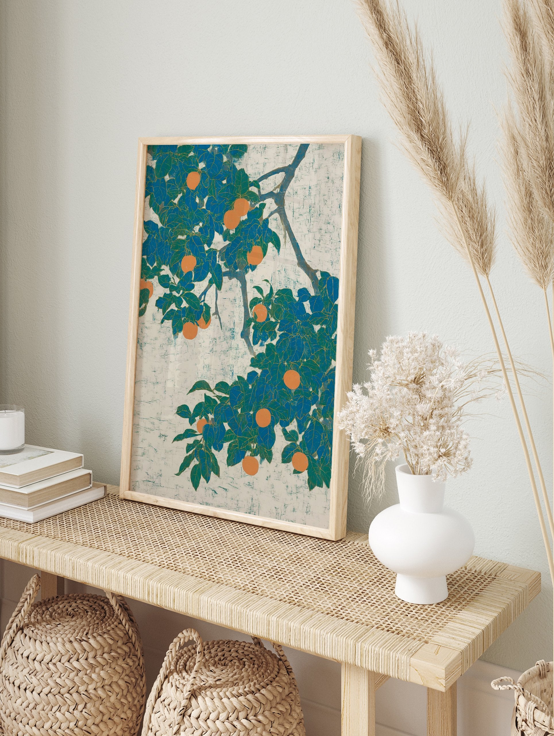 Orange Fruit Tree Poster with vibrant teal leaves and ripe orange fruits on a textured light background, in a Japanese botanical style. - Image 4