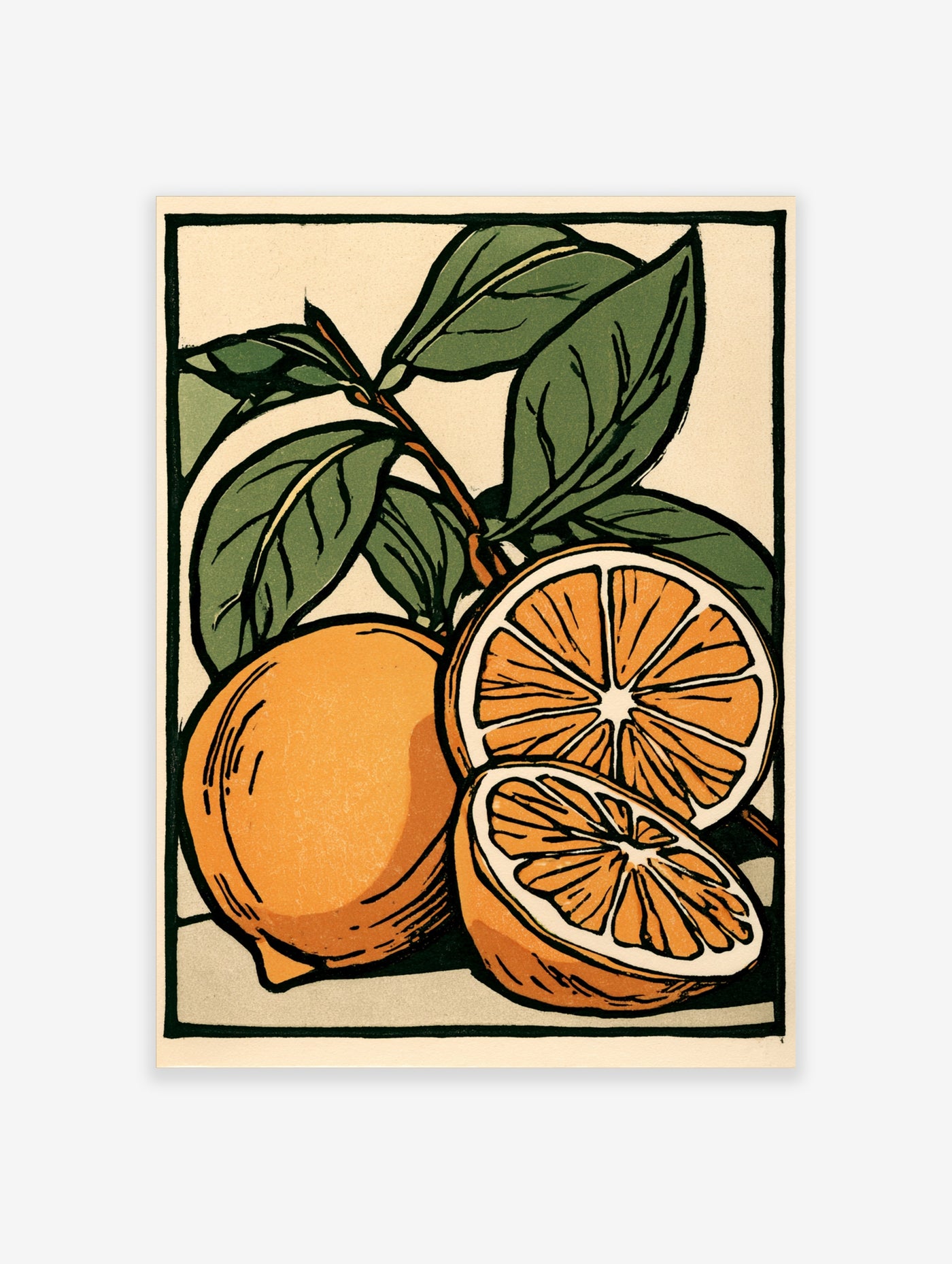 Stylised illustration of a whole orange and sliced fruit segments with green leaves on a cream background