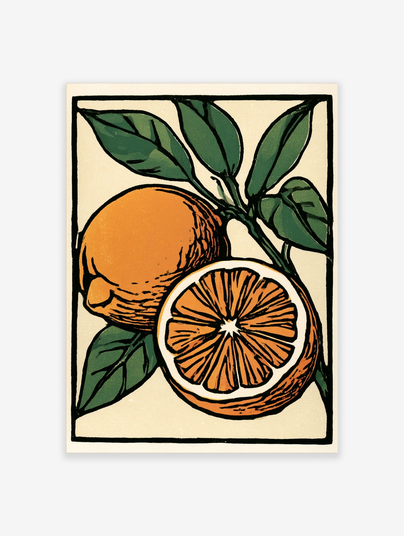 Illustrative orange fruit wall art with a whole orange, a halved orange, and green leaves on a cream background