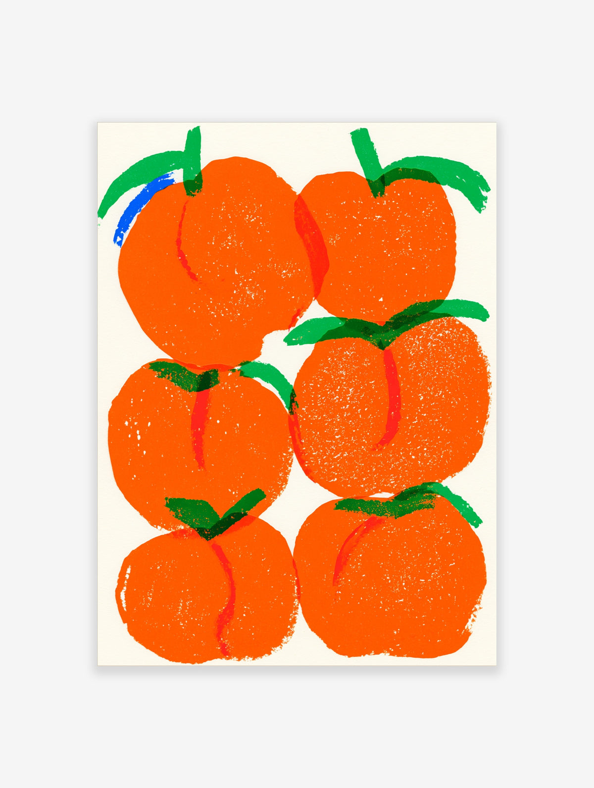 Bright orange fruit poster with green stems and blue leaf accent on white background