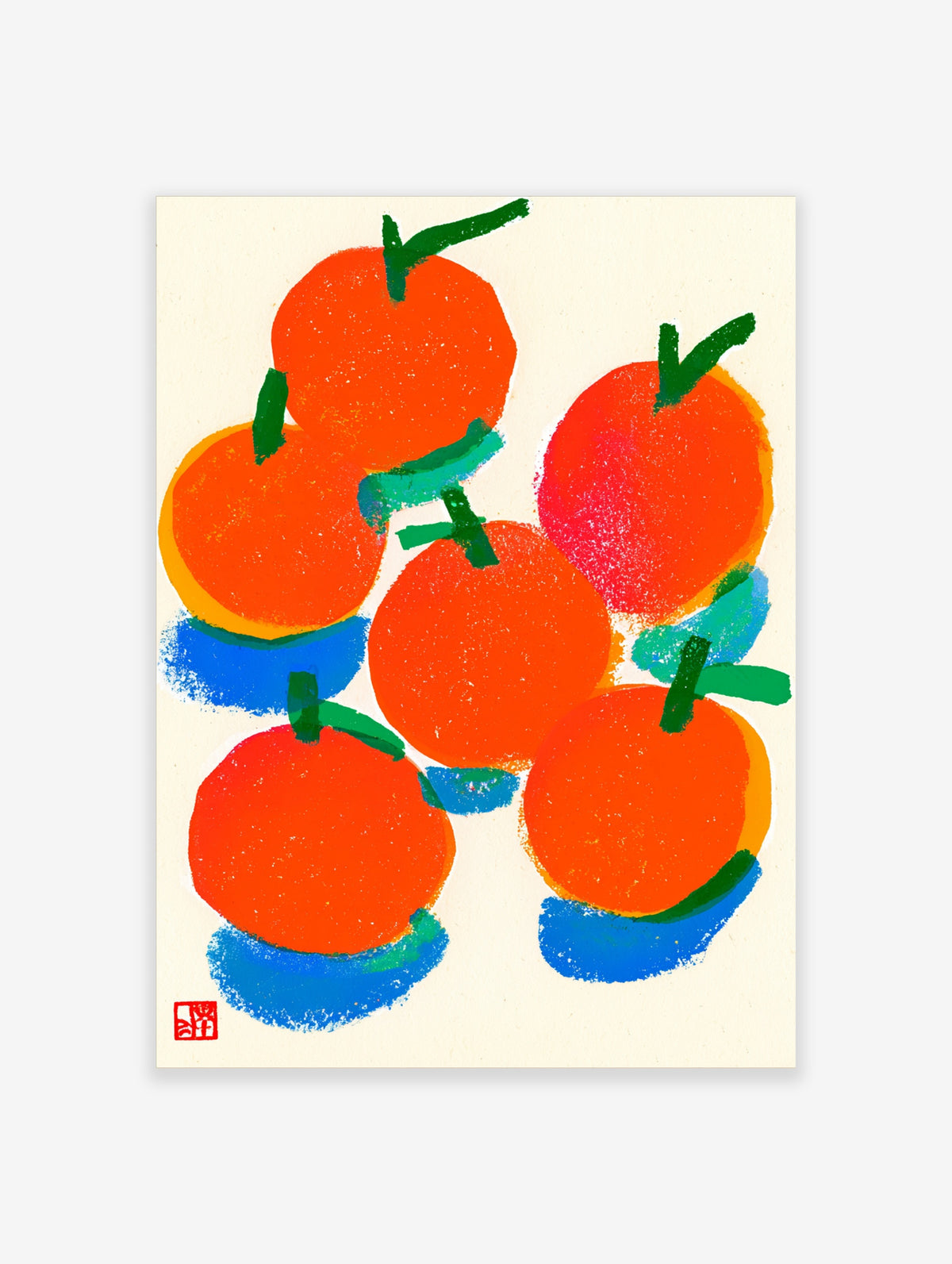 Five orange fruits with green stems and blue shadows painted on a cream background art print