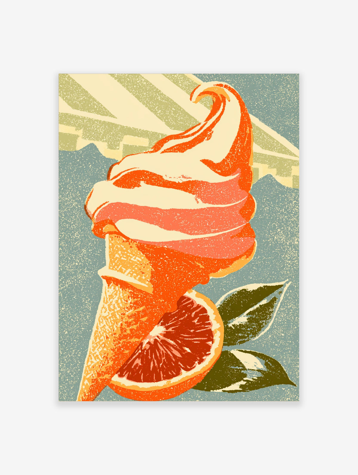 Retro orange gelato poster with swirled soft-serve cone, blood orange slice, and olive leaves on blue background