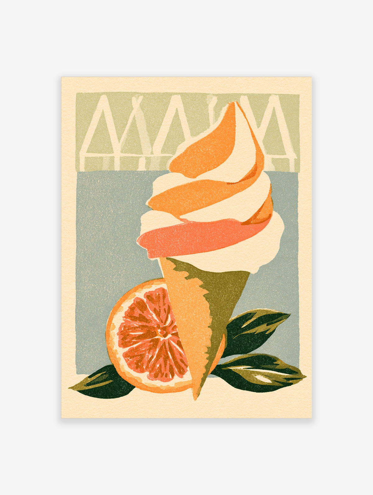 Retro orange gelato print with swirled soft-serve cone, sliced blood orange, and green leaves on a blue background