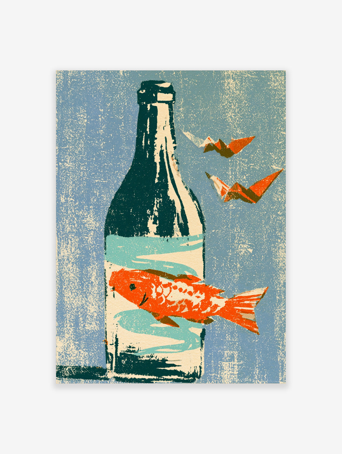 Orange goldfish in a dark bottle with origami birds on blue textured background art print