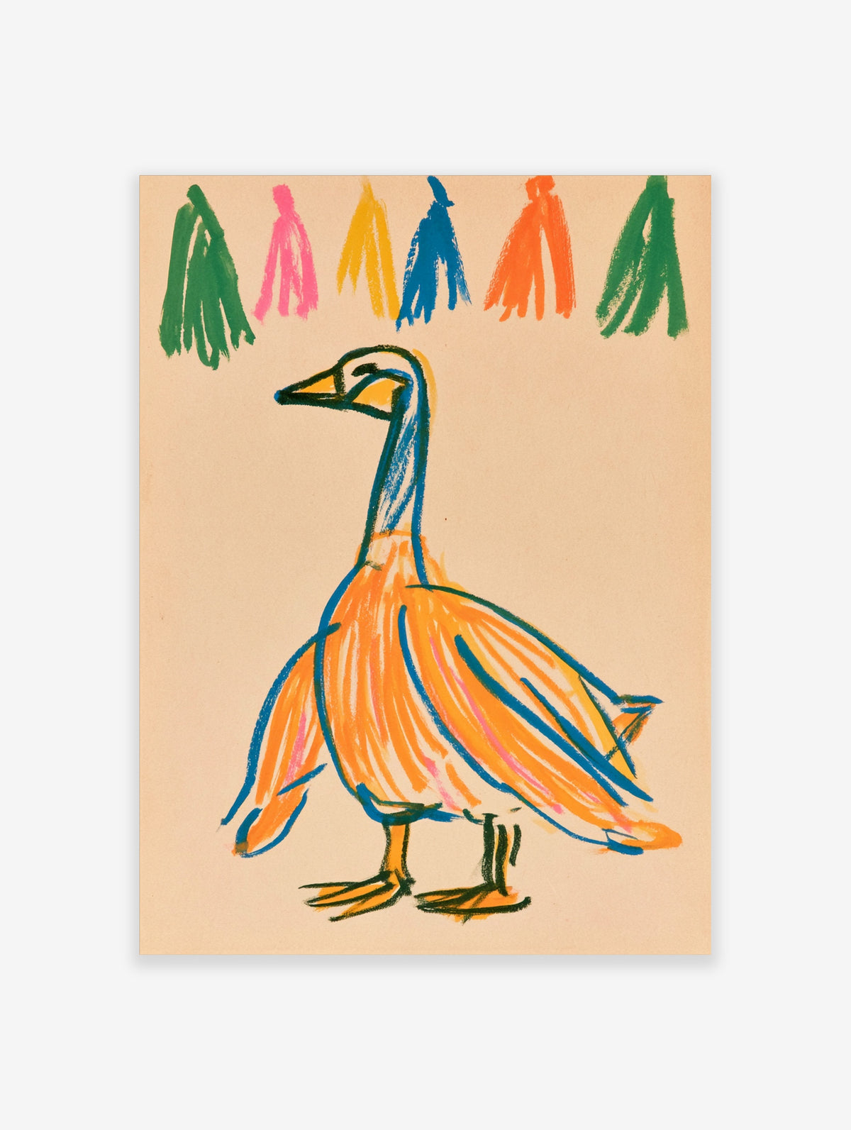 Orange goose art print with blue outline, yellow beak, and colourful brushstroke swatches above