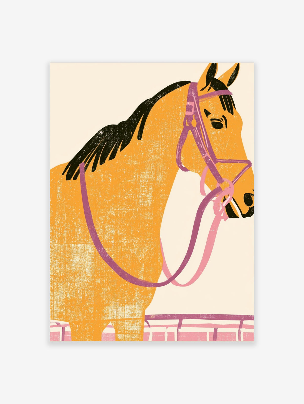 Orange horse portrait art print with black mane and purple pink bridle on cream background