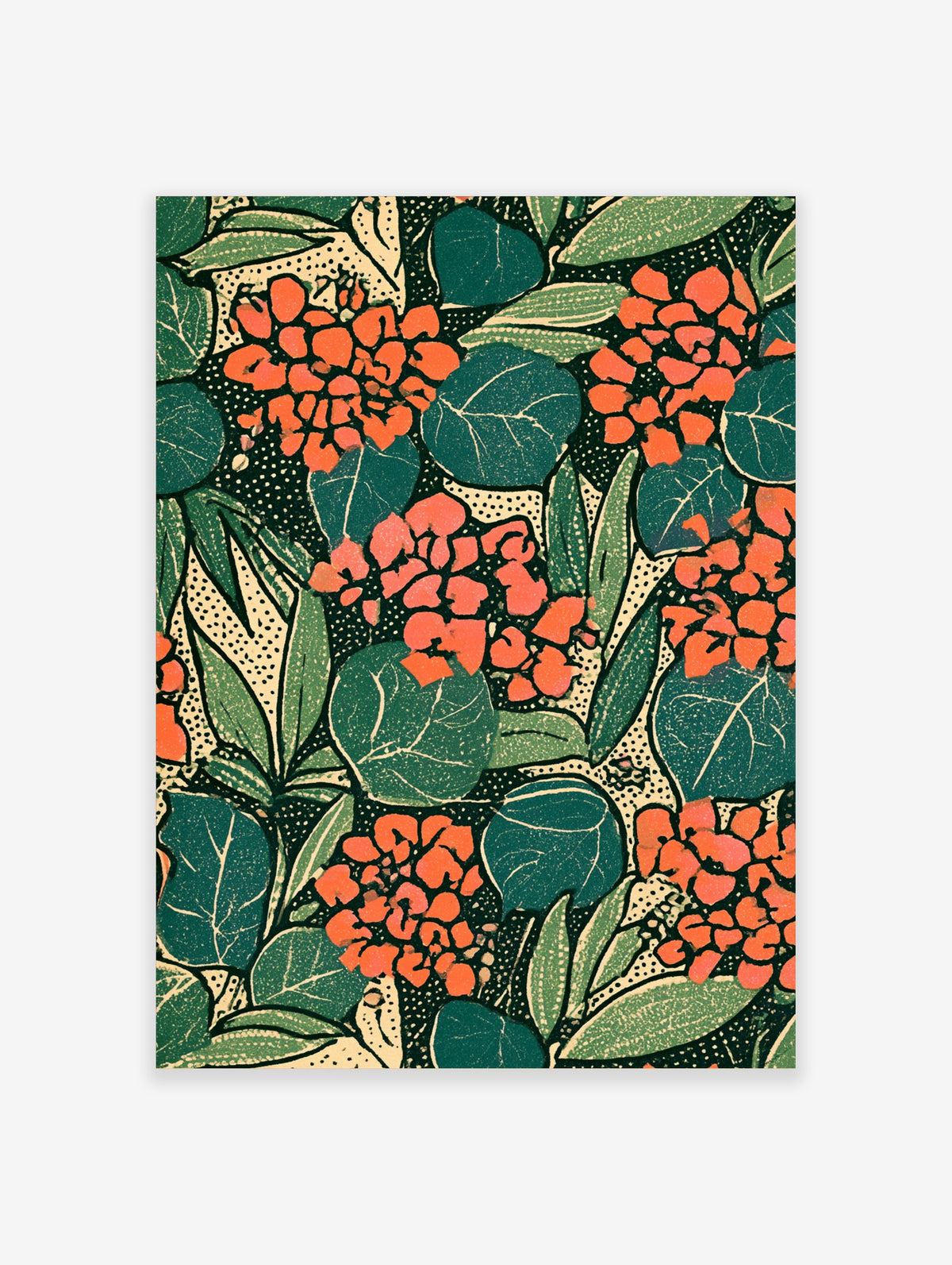 Orange hydrangea flowers with teal leaves and black outlines on a dotted cream background art print