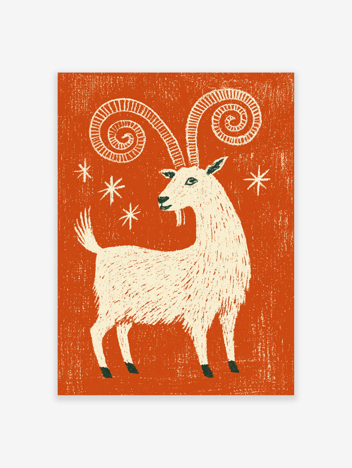 Cream ibex with spiral horns and star motifs on rust orange background art print