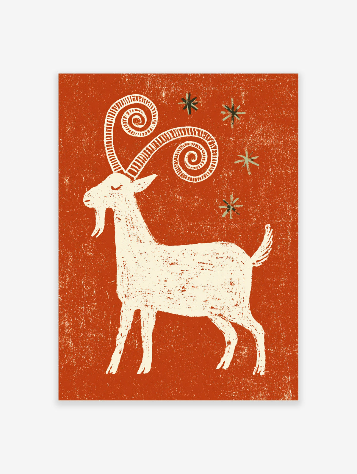 Cream ibex with spiral horns and star motifs on rust-orange background art print