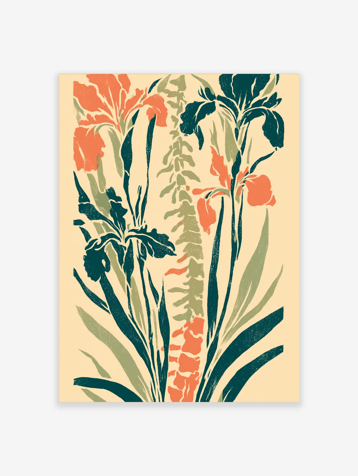Orange iris flower poster with tall green stems and a central seed pod on a beige background