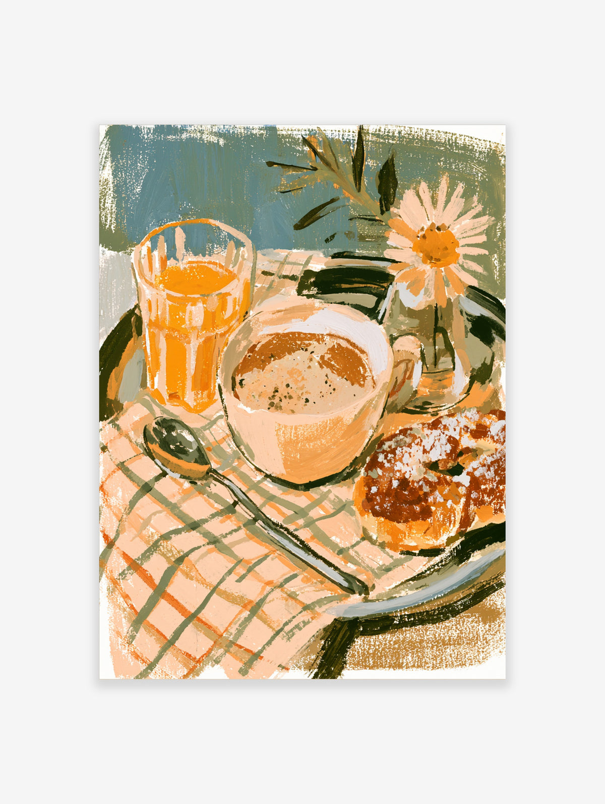 Breakfast still life poster with orange juice, coffee cup, pastry, and daisy on checked cloth