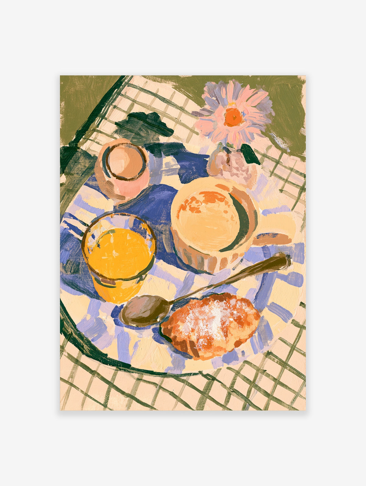 Gouache still life of orange juice, pastry, coffee cup, and pink flower on blue checked tablecloth poster