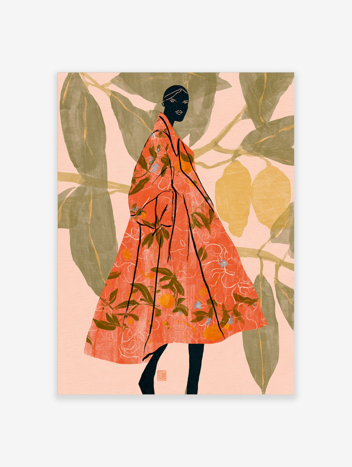Illustration of a dark figure in a coral kimono with lemons and leaves, against olive foliage and yellow fruit