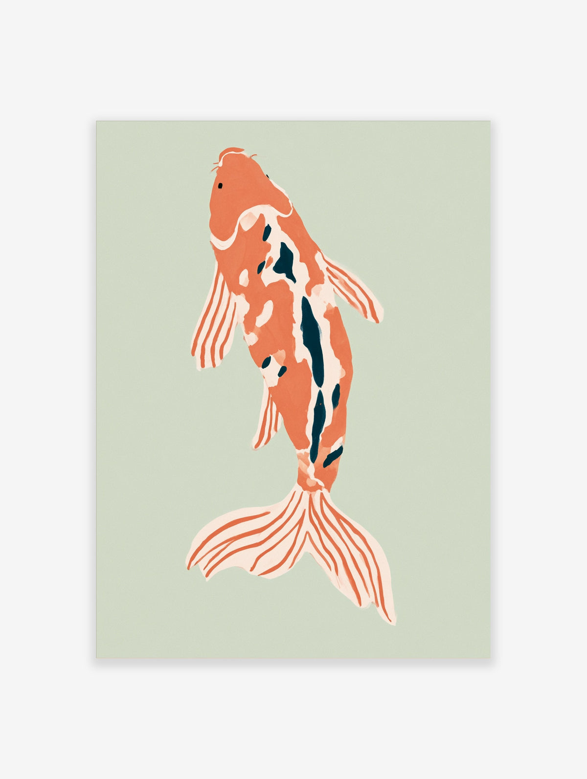 Orange koi fish art print with white and dark blue markings on a pale green background