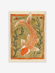 Orange koi fish illustration with white accents, swimming amidst green aquatic plants within an orange border
