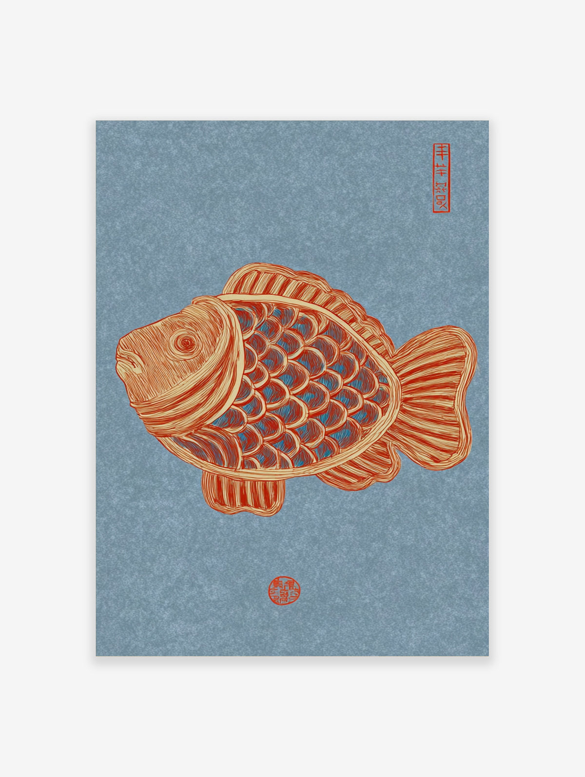 Orange koi fish art print with layered scales and red seal stamps on a blue background