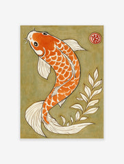 Illustrative orange and white koi fish swimming against an olive green background with a red seal and white leaves