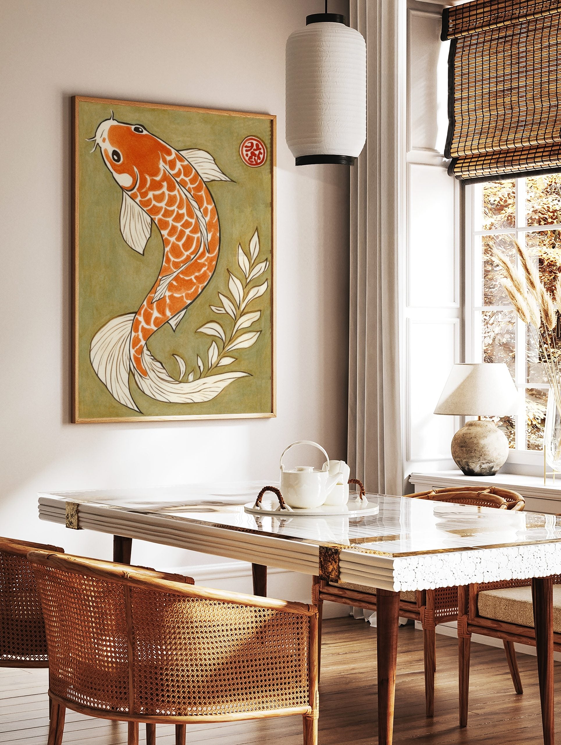 Illustrative orange and white koi fish swimming against an olive green background with a red seal, in a styled room mockup