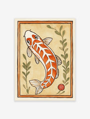 Orange and white koi fish illustration with green leaves and red seal mark, framed by a double border