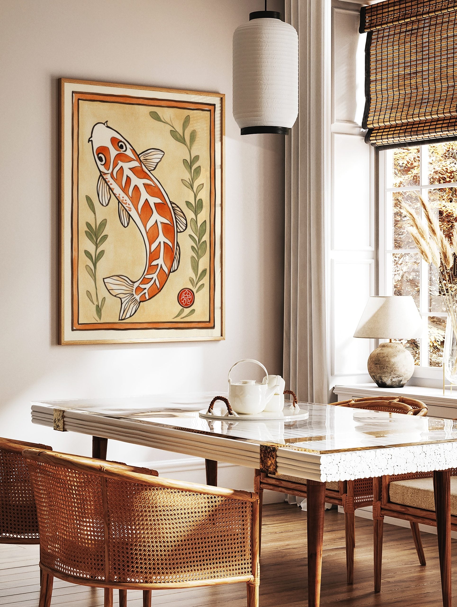 Orange and white koi fish illustration with green leaves and red seal mark, framed by a double, in a styled room mockup