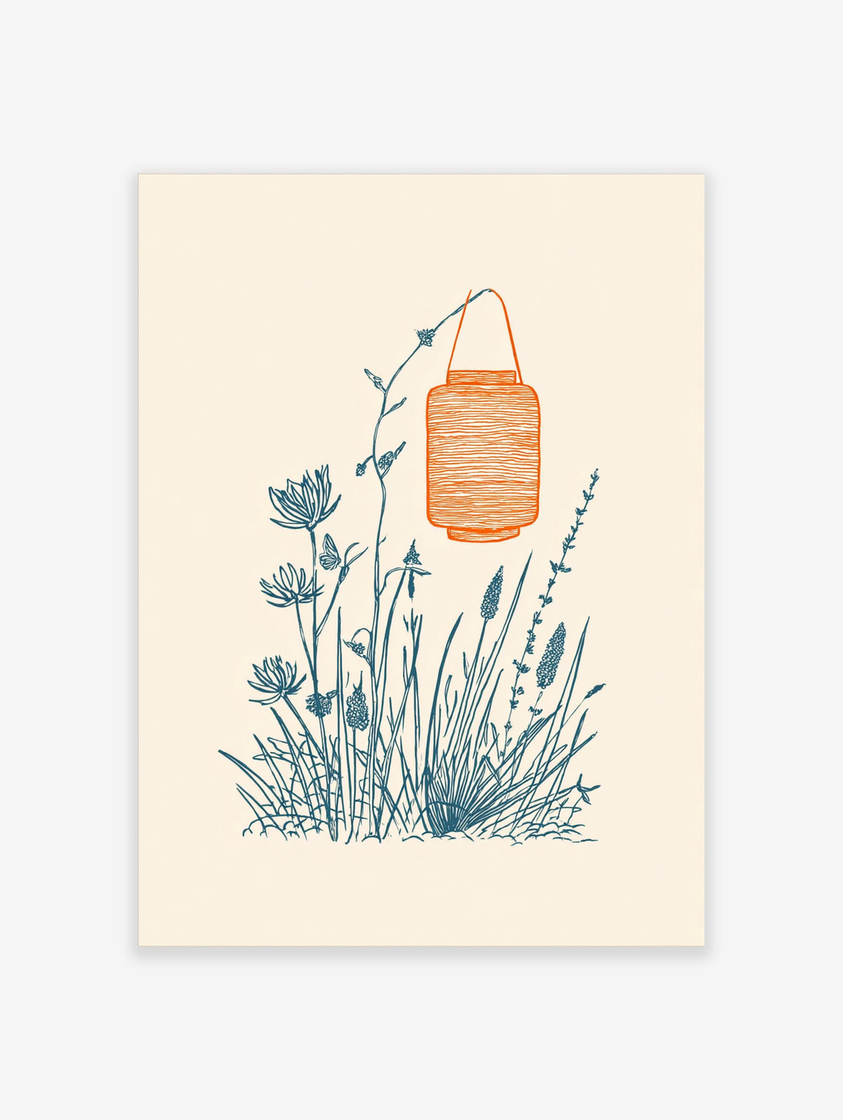 Orange paper lantern hanging above blue line-art wildflowers and grasses on cream background