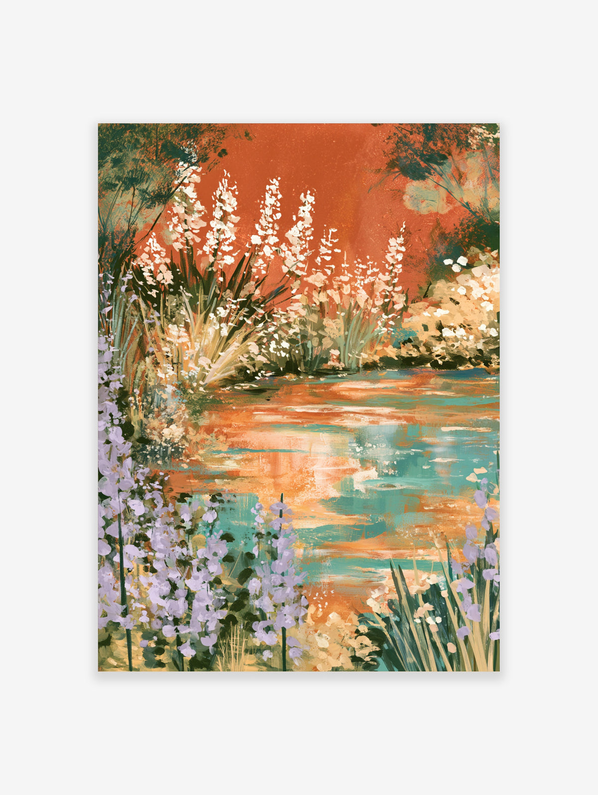 Orange lily pond art print with white and lilac flowers, teal water, and red sky