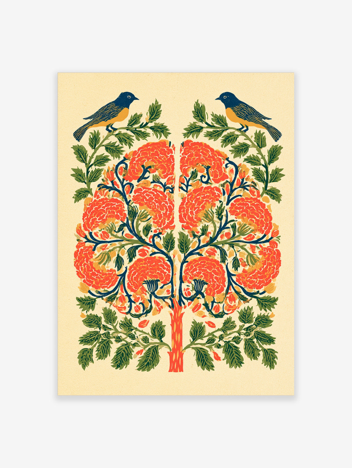Symmetrical orange marigold wall art with two blue and yellow birds on branches