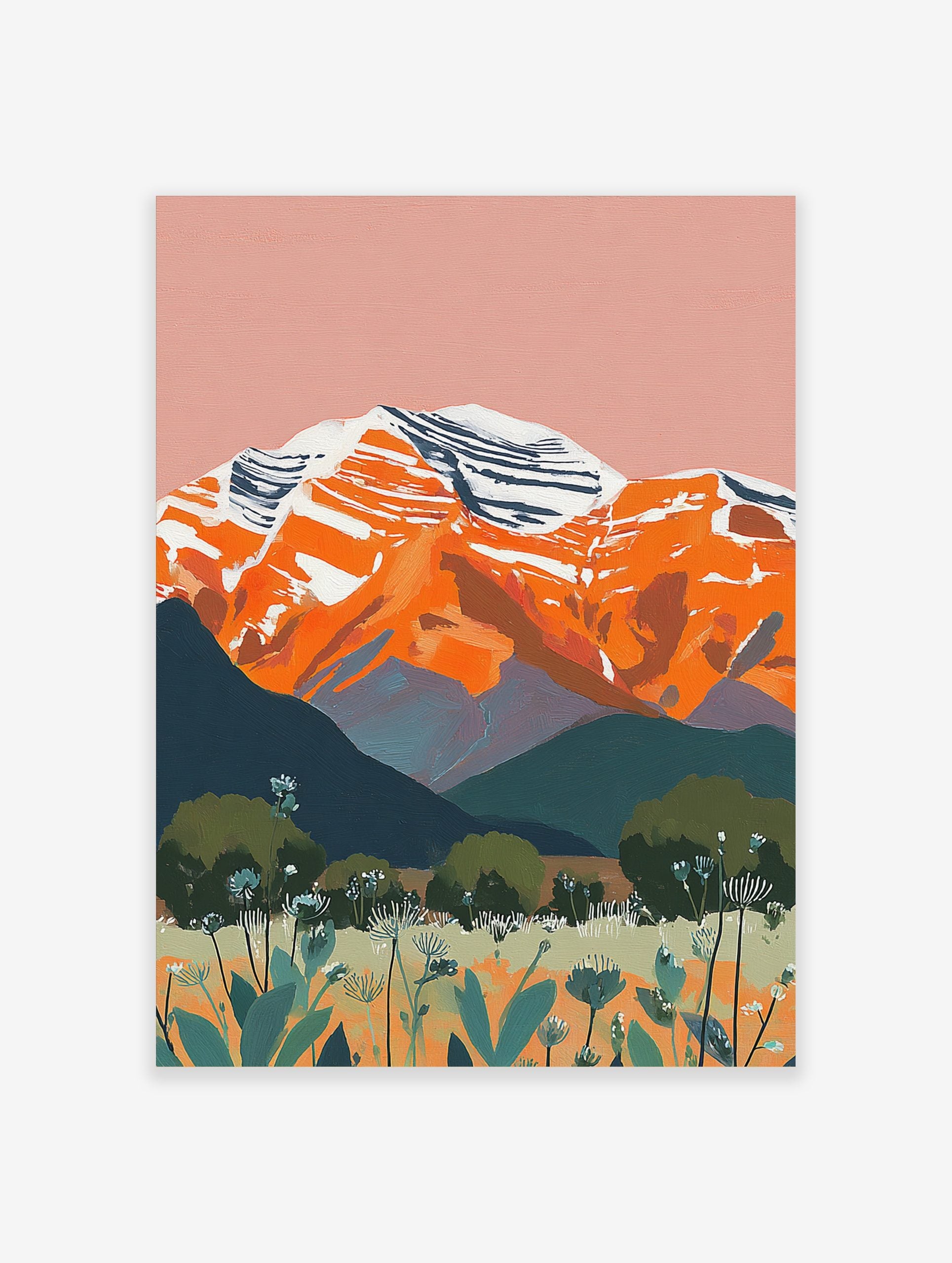 Illustrative landscape art print of orange snow-capped mountains, teal hills, and wildflower meadow under pink sky