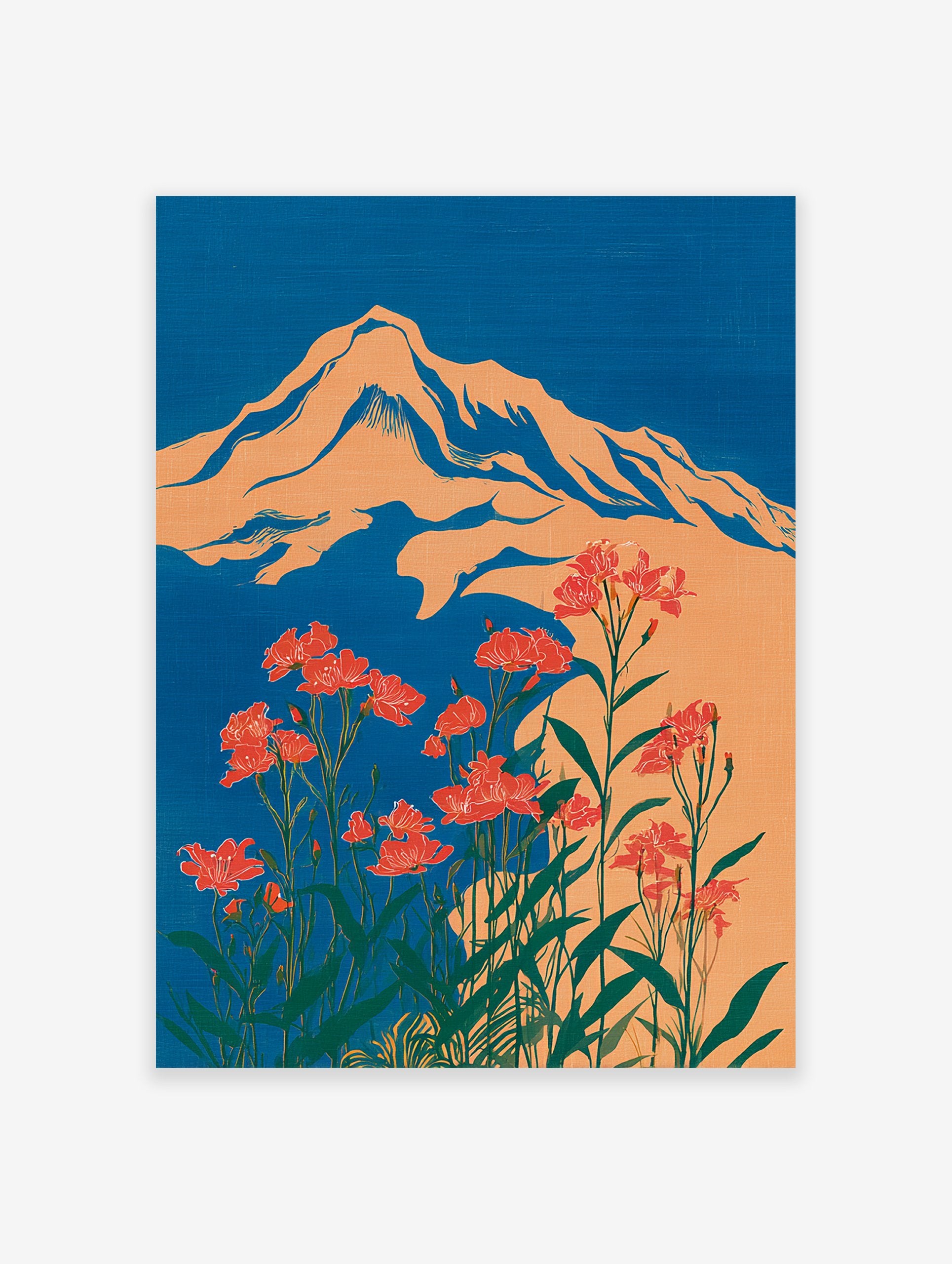 Illustrative orange mountain with red flowers and green leaves against a blue sky, in a bold botanical wall art print.