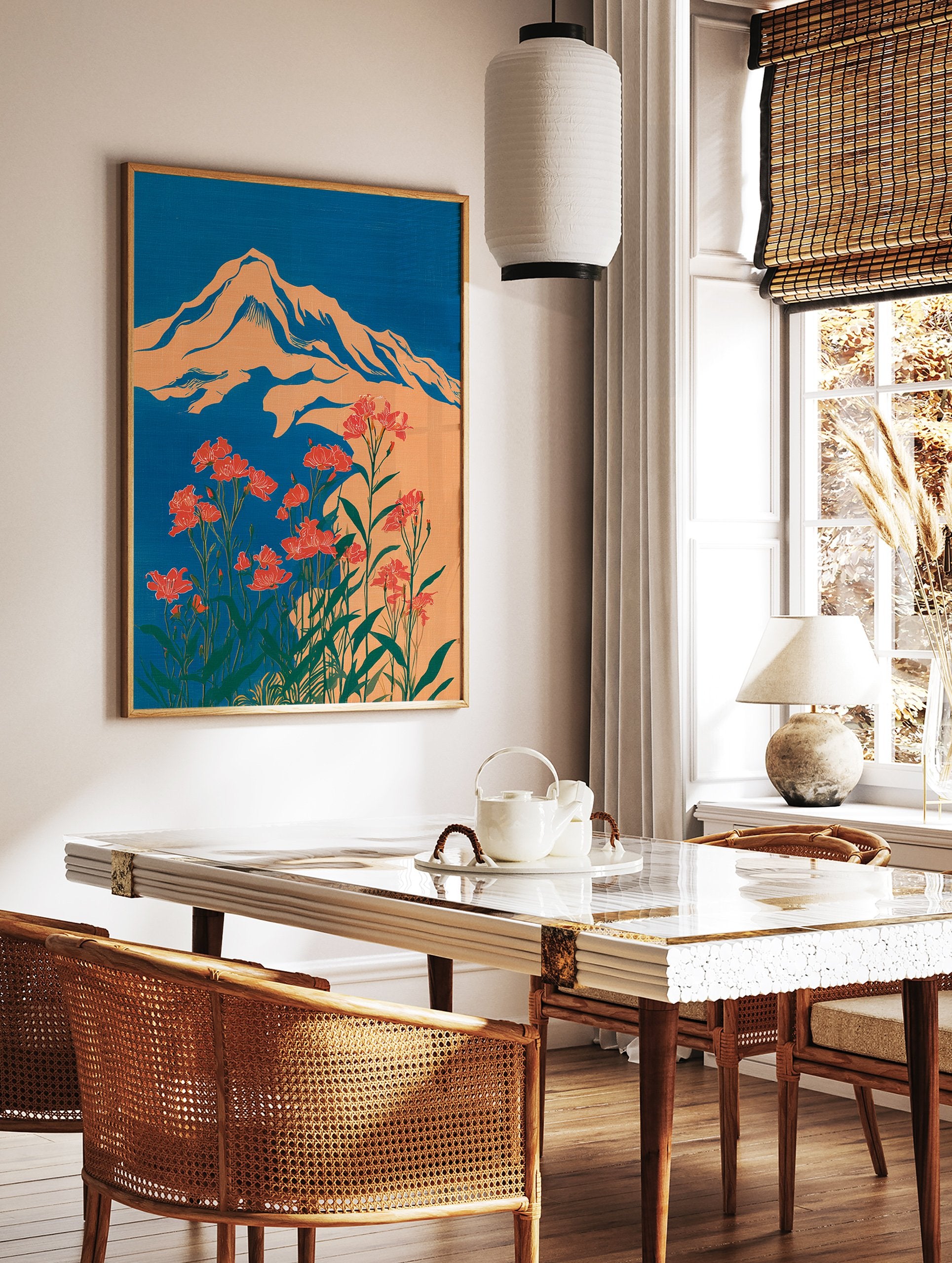 Illustrative orange mountain with red flowers and green leaves against a blue sky, in a bold botanical wall art print. - Image 2