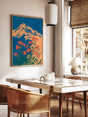 Illustrative orange mountain with red flowers and green leaves against a blue sky, in a bold botanical wall art print. - Image 2