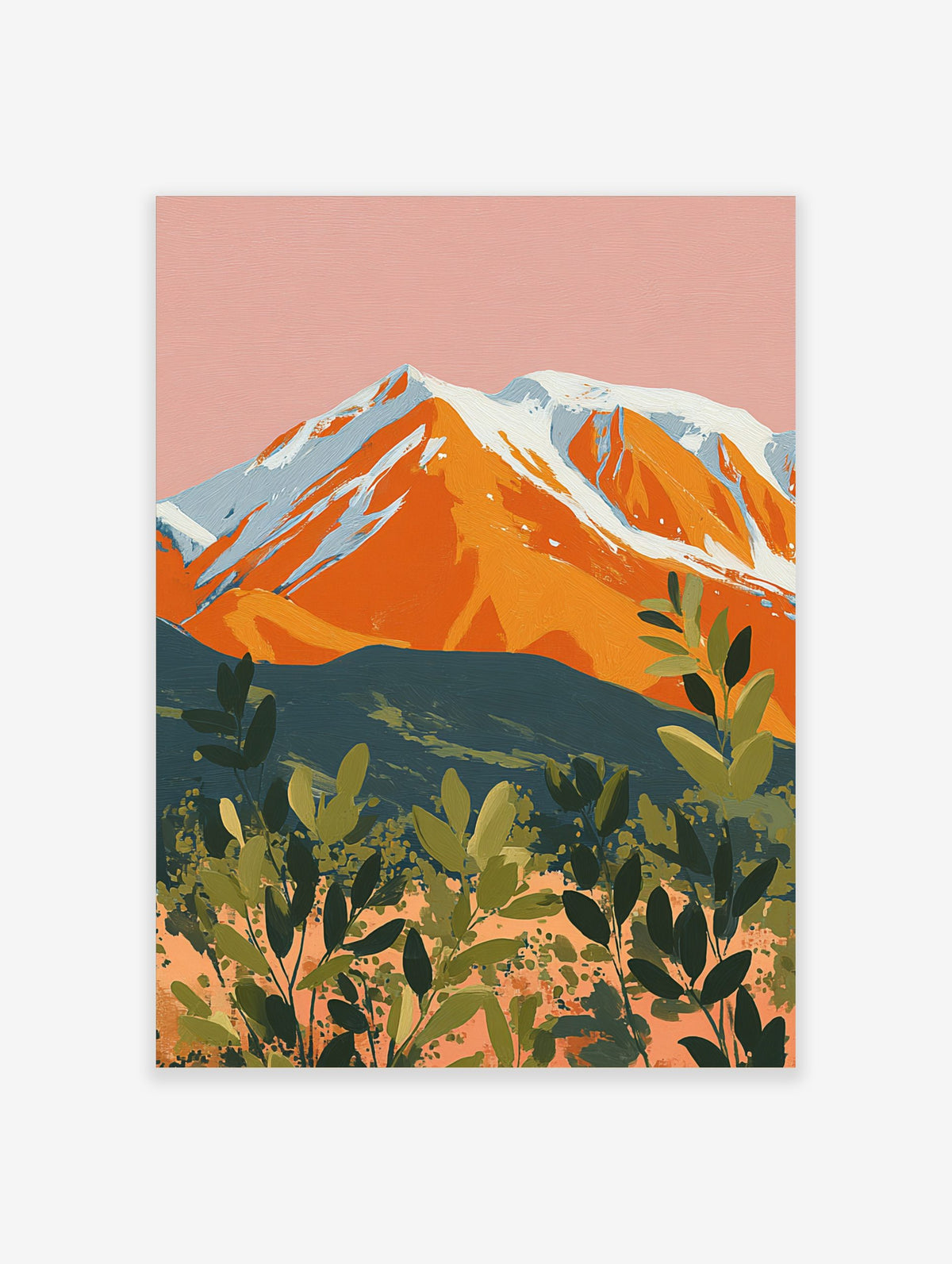 Illustrative orange mountain with snowy peaks against a pink sky and green layered foliage art print