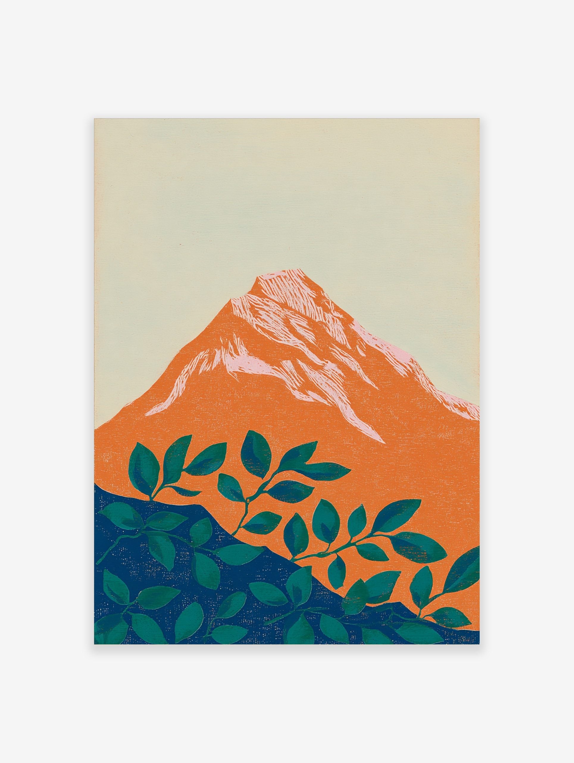 Stylised orange mountain with pink-white peaks and green foliage on a deep blue base, set against a pale sky