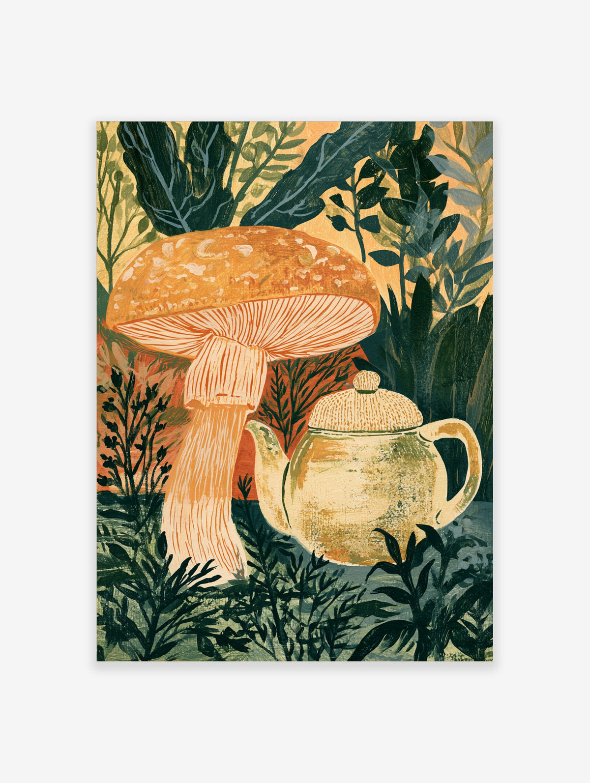 Orange mushroom and cream teapot illustration with dark green leaves on ochre background art print