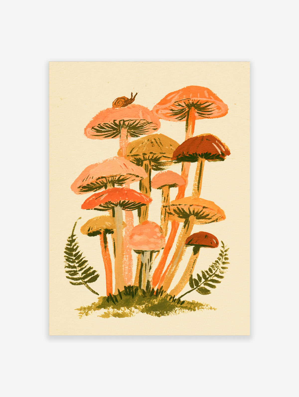 Orange and pink mushroom cluster with snail and ferns on cream background art print
