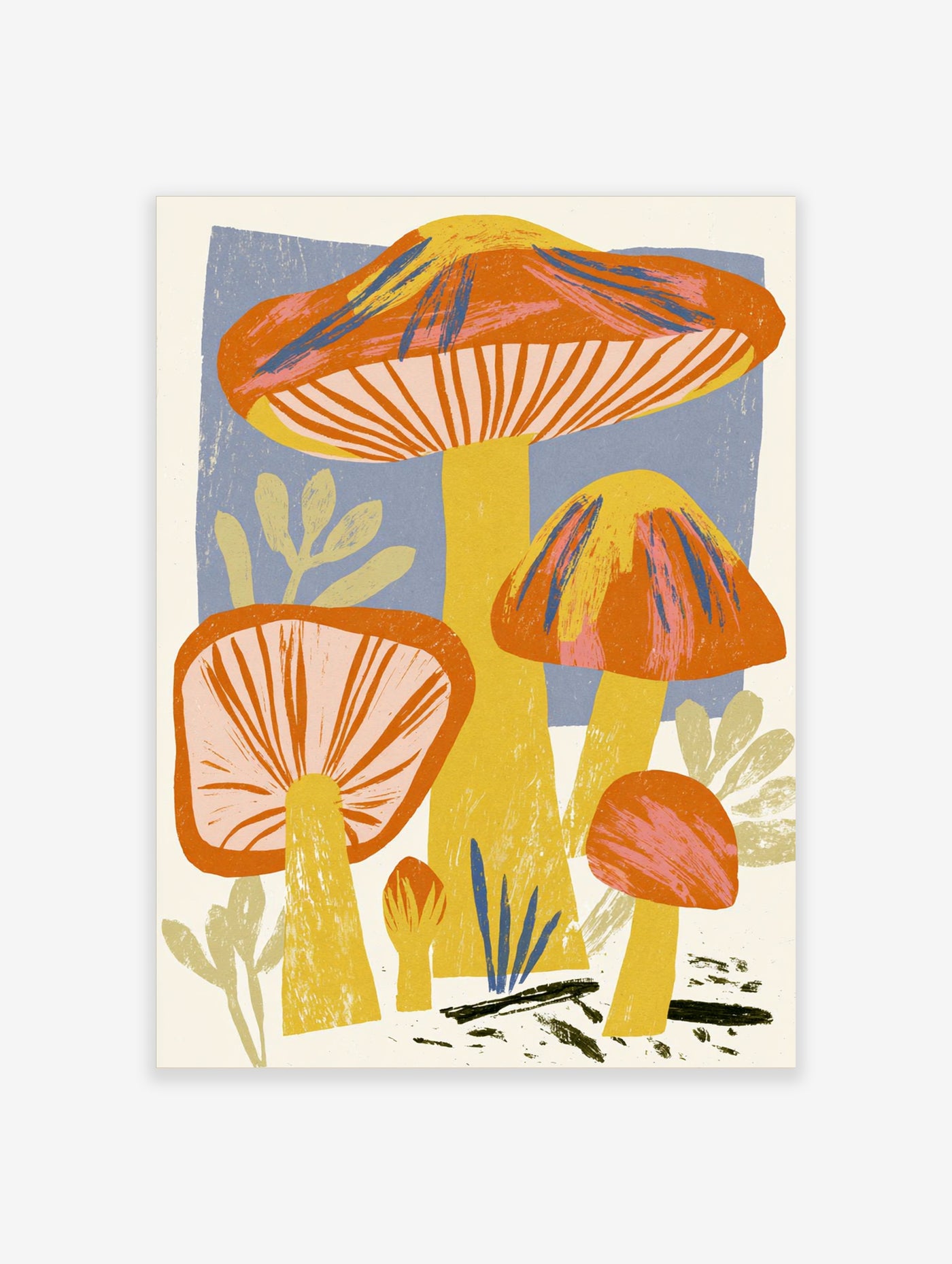 Orange mushroom illustration art print with yellow stems and blue accents on grey-blue background