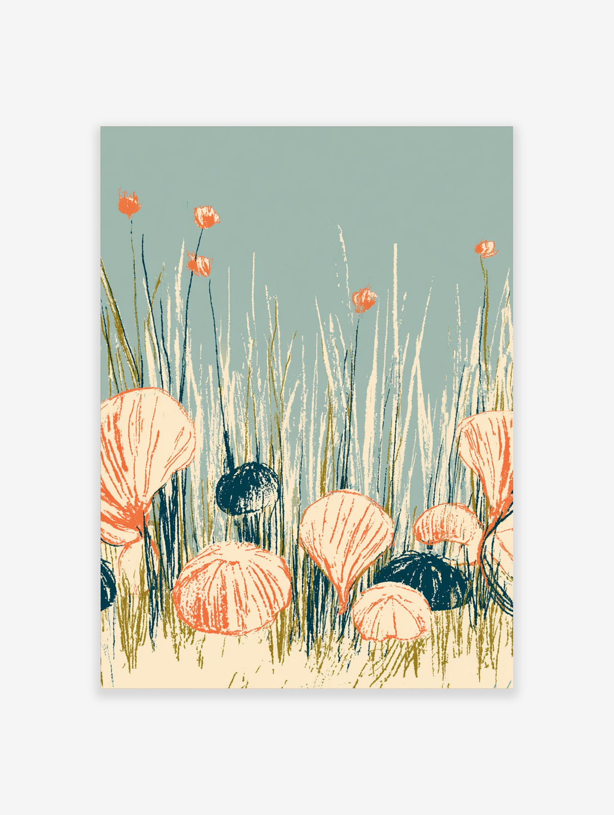 Illustrated mushroom and grass botanical art print with orange and cream caps on blue background