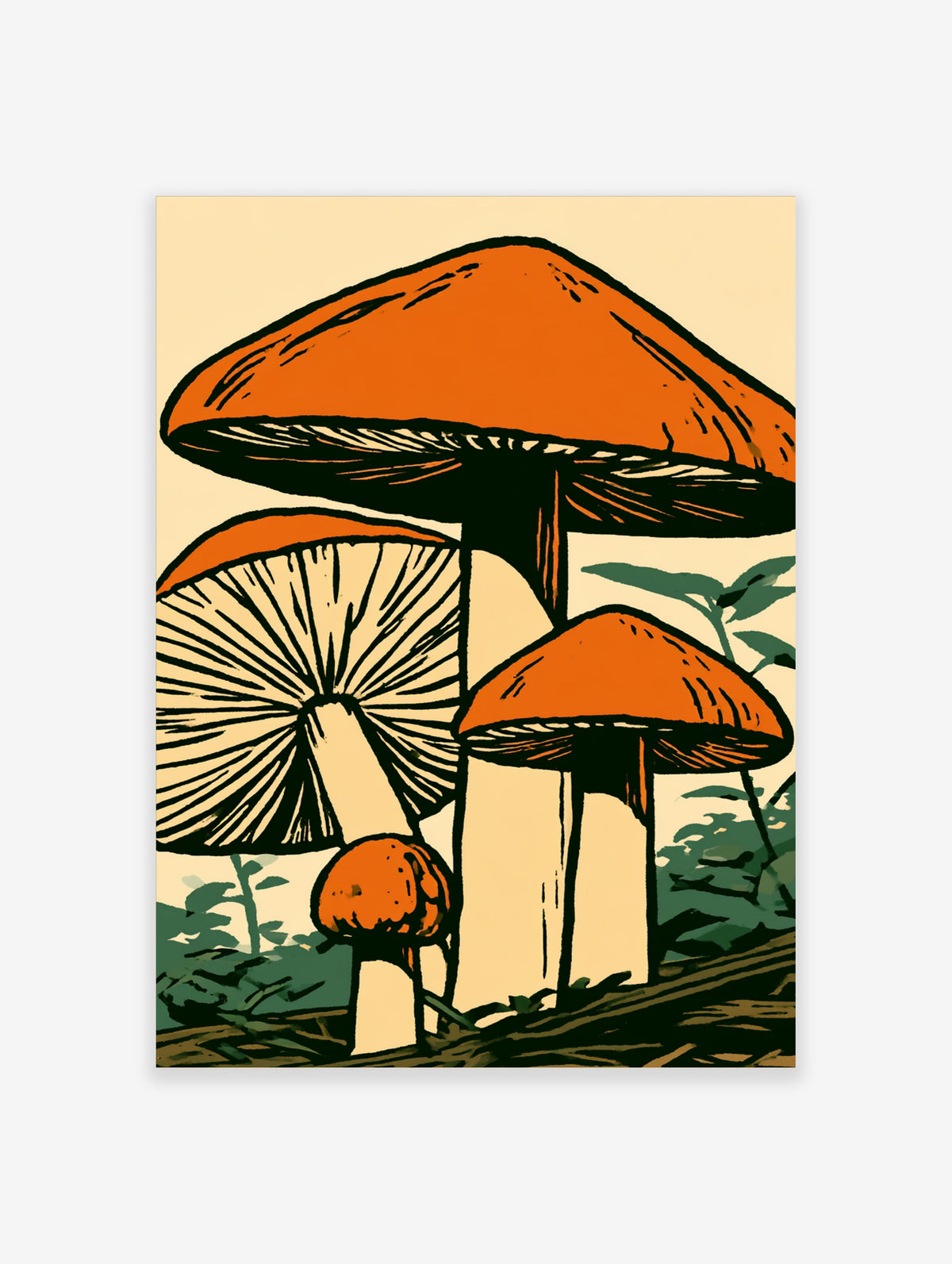 Orange mushrooms with cream stems and black gills, bold illustrative print on pale background