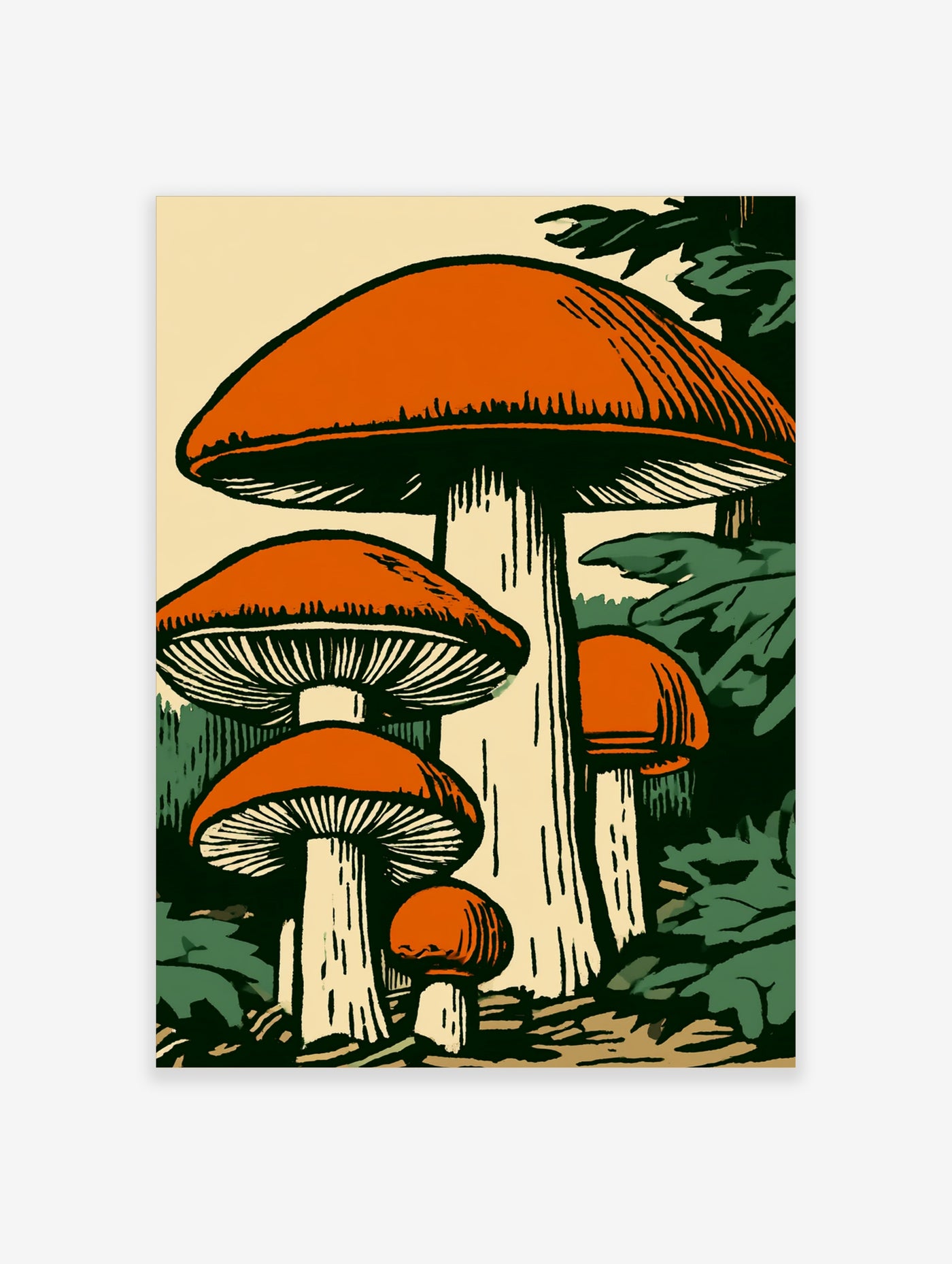 Orange mushroom botanical illustration with cream stems and gills, forest background, unframed paper print