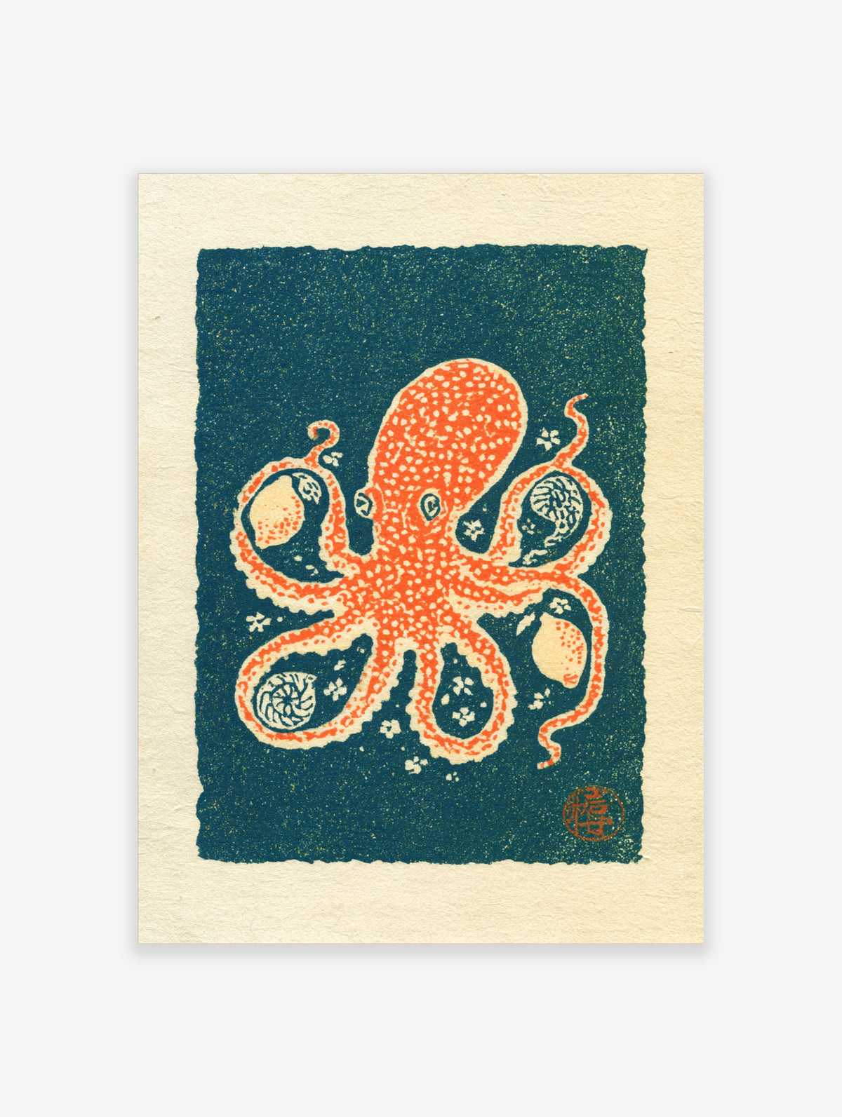 Orange octopus art print with speckled skin, cream suckers, and teal background