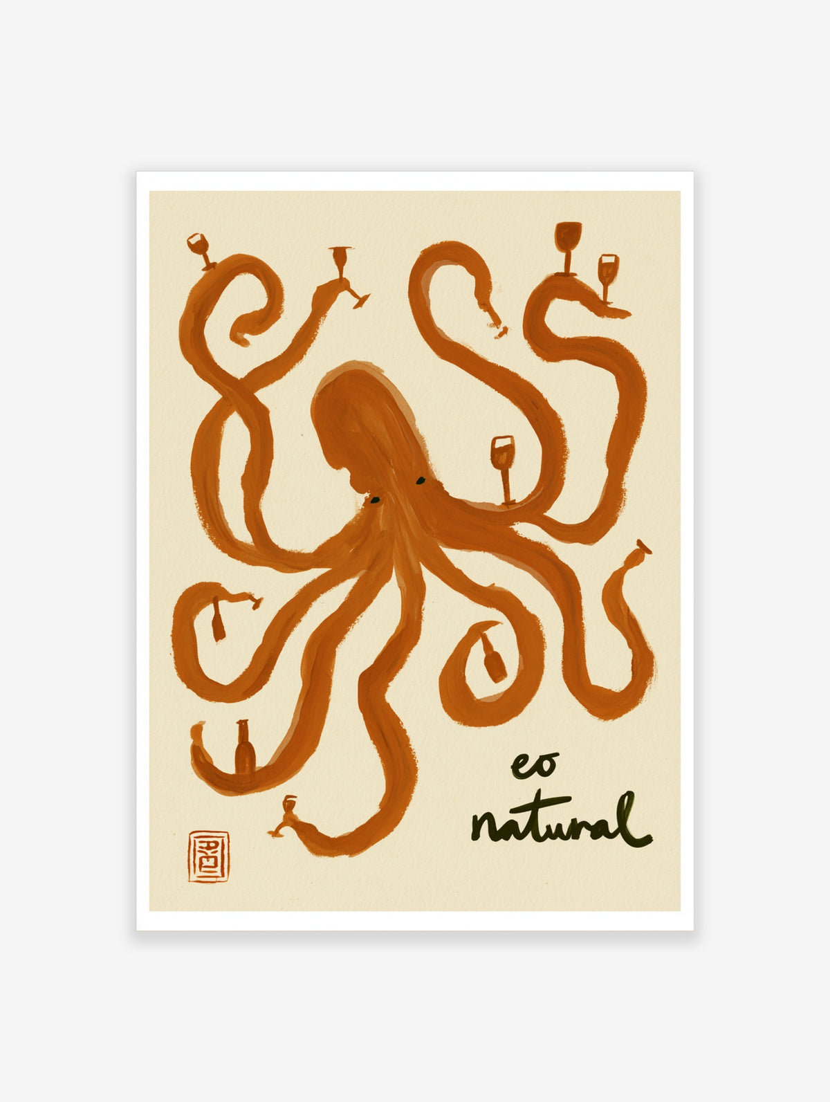 Stylized orange octopus illustration holding wine glasses and bottles with text 'eo natural' on cream background