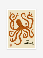 Stylized orange octopus illustration holding wine glasses and bottles with text 'eo natural' on cream background