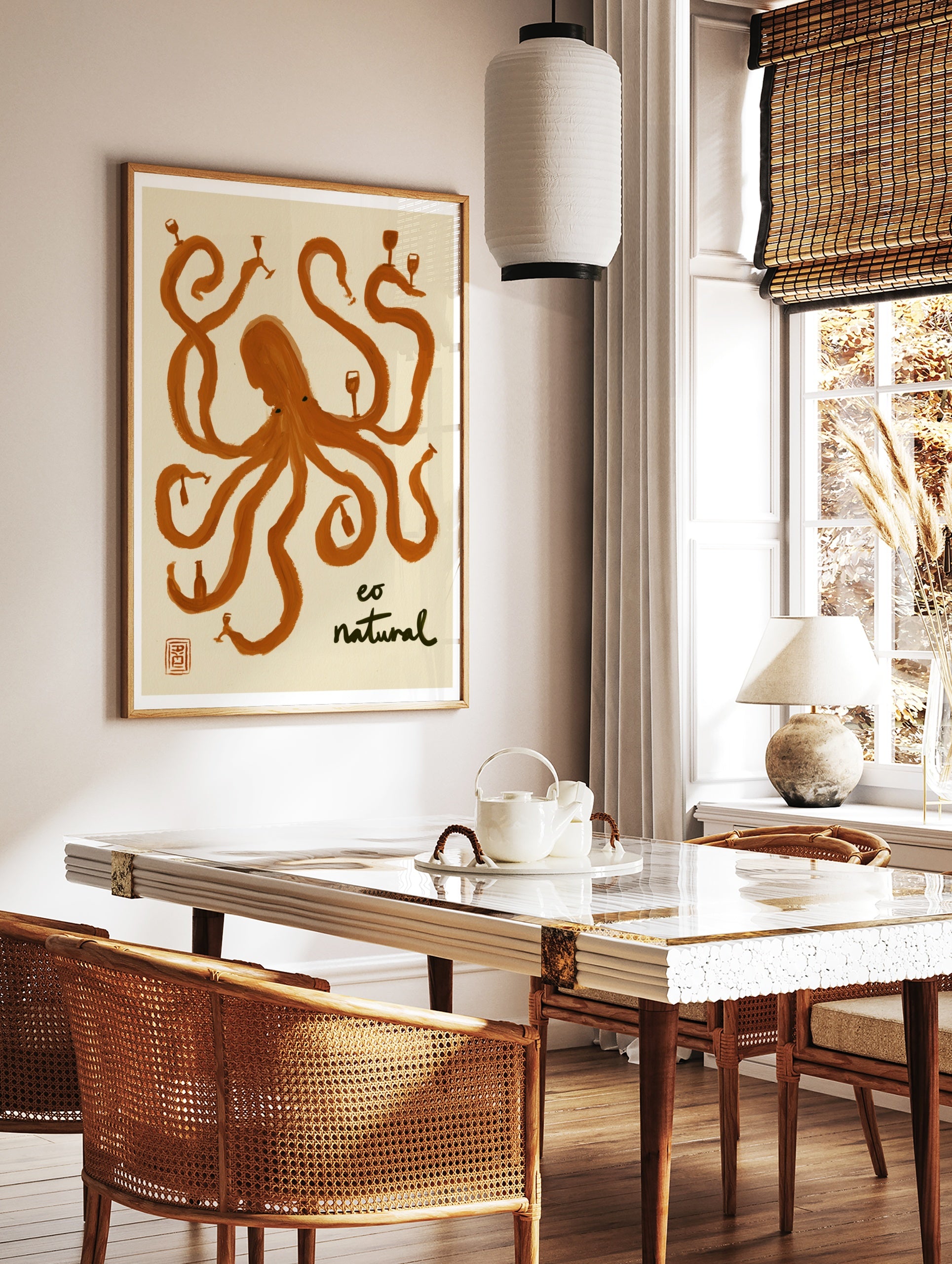 Stylized orange octopus illustration holding wine glasses and bottles with text 'eo natural' on, in a styled room mockup