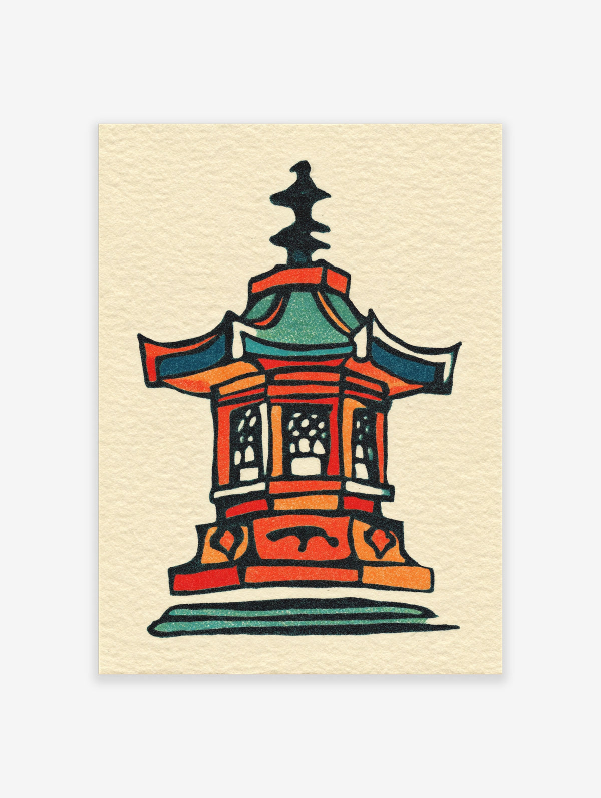 Orange and teal pagoda lantern illustration with lattice windows and curved roof on cream paper