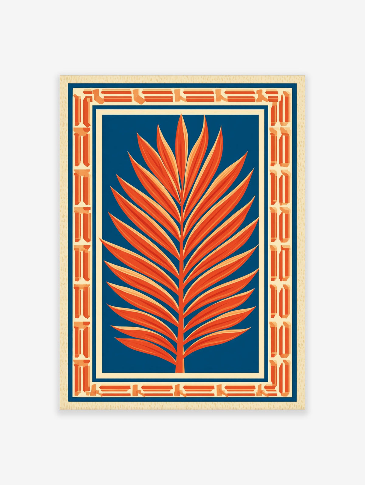 Orange palm leaf illustration against deep blue background with Art Deco geometric border on beige